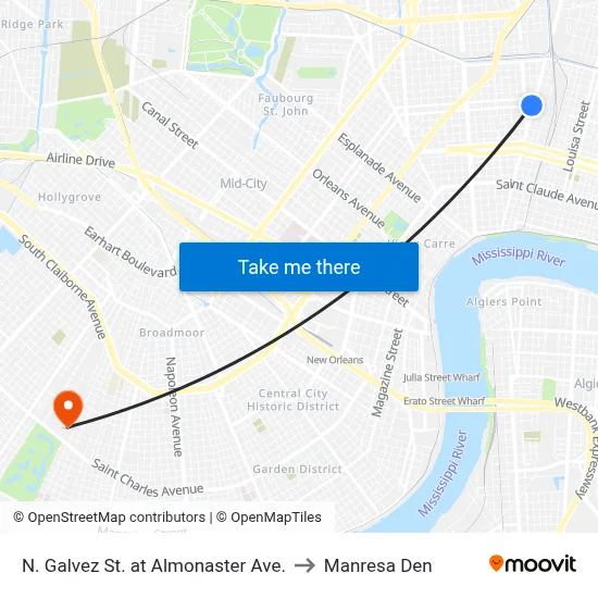 N. Galvez St. at Almonaster Ave. to Manresa Den map