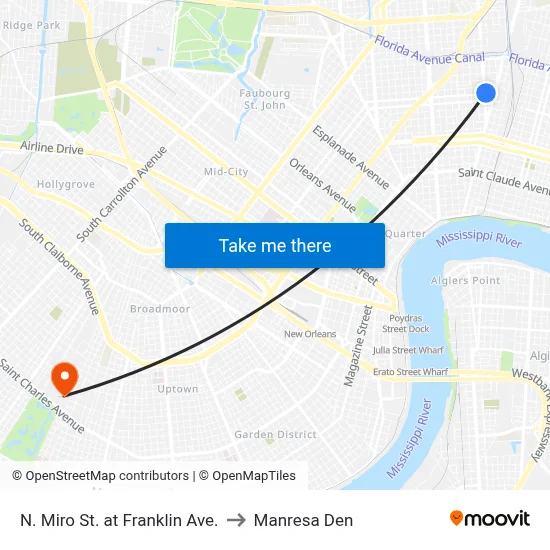 N. Miro St. at Franklin Ave. to Manresa Den map