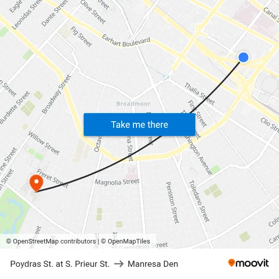 Poydras St. at S. Prieur St. to Manresa Den map