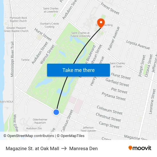 Magazine St. at Oak Mall to Manresa Den map