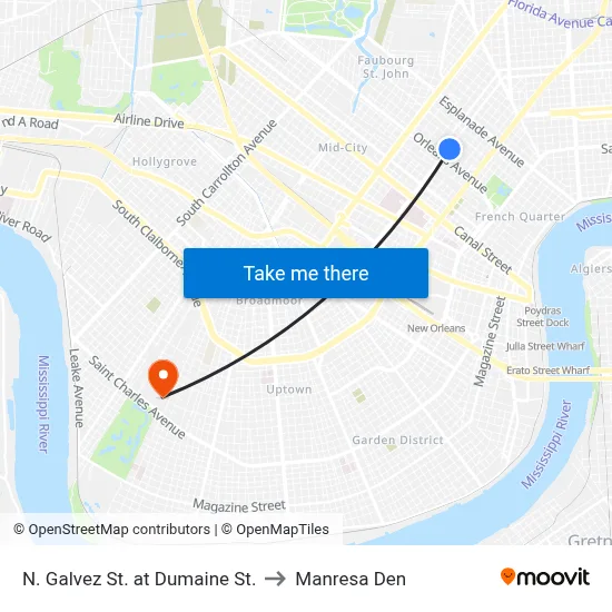 N. Galvez St. at Dumaine St. to Manresa Den map