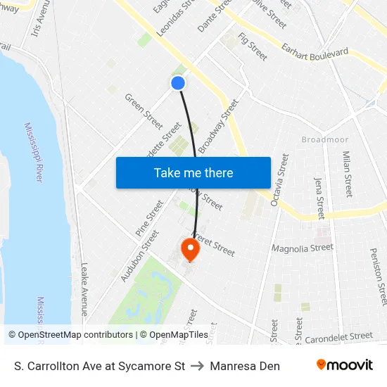 S. Carrollton Ave at Sycamore St to Manresa Den map