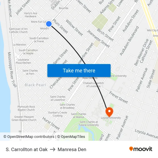 S. Carrollton at Oak to Manresa Den map