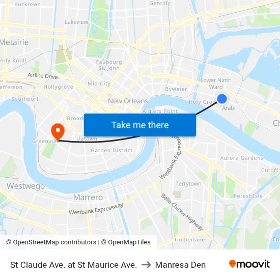 St Claude Ave. at St Maurice Ave. to Manresa Den map