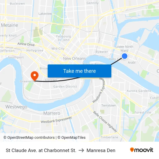 St Claude Ave. at Charbonnet St. to Manresa Den map