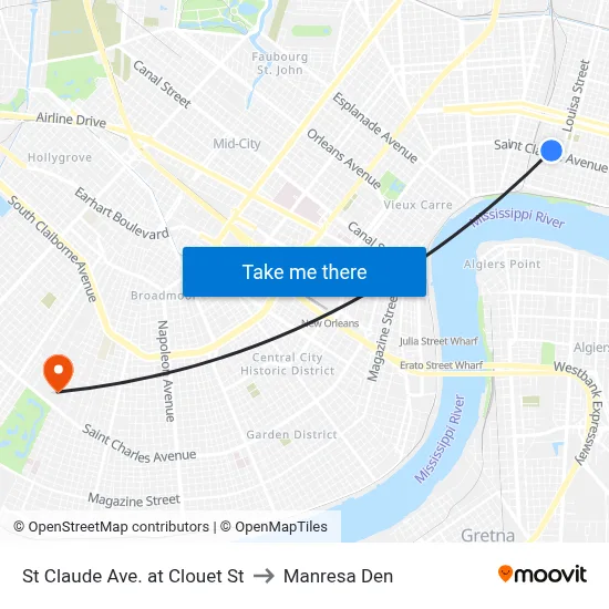St Claude Ave. at Clouet St to Manresa Den map