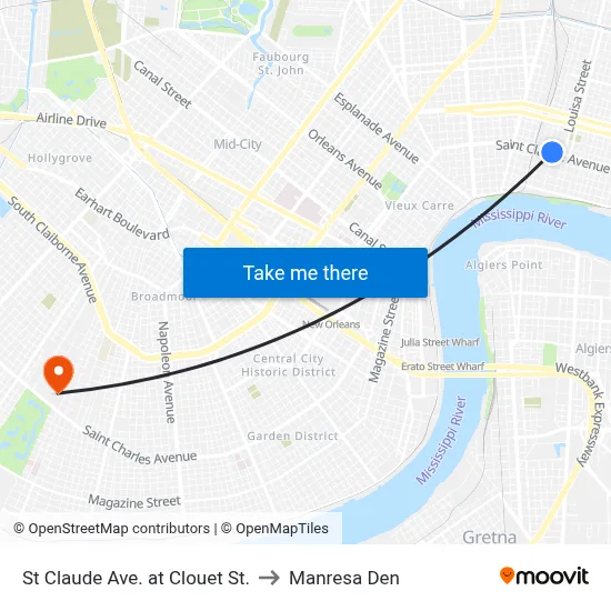 St Claude Ave. at Clouet St. to Manresa Den map