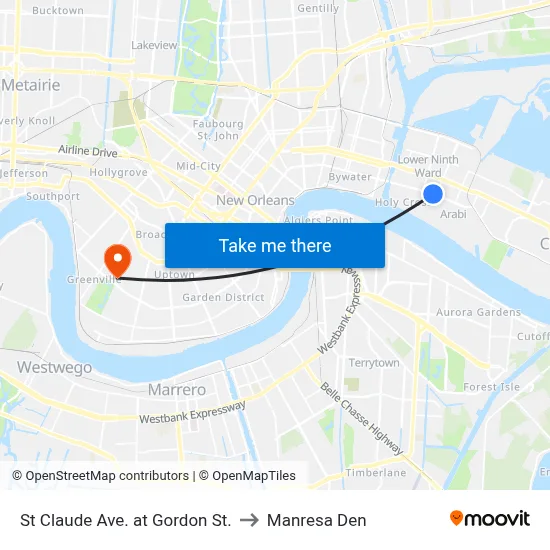 St Claude Ave. at Gordon St. to Manresa Den map