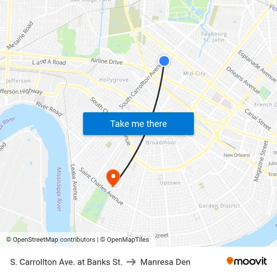 S. Carrollton Ave. at Banks St. to Manresa Den map
