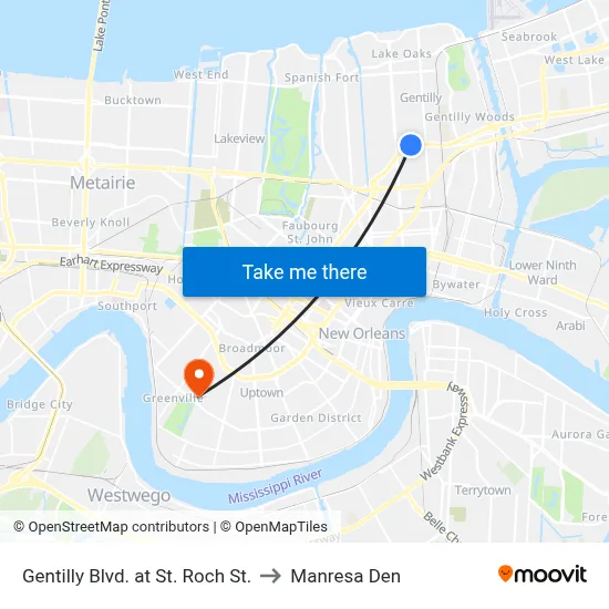 Gentilly Blvd. at St. Roch St. to Manresa Den map