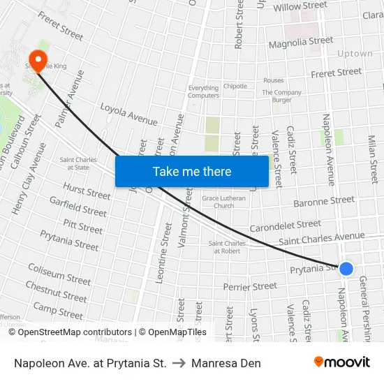 Napoleon Ave. at Prytania St. to Manresa Den map
