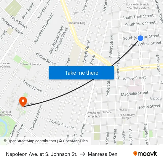 Napoleon Ave. at S. Johnson St. to Manresa Den map