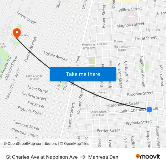 St Charles Ave at Napoleon Ave to Manresa Den map