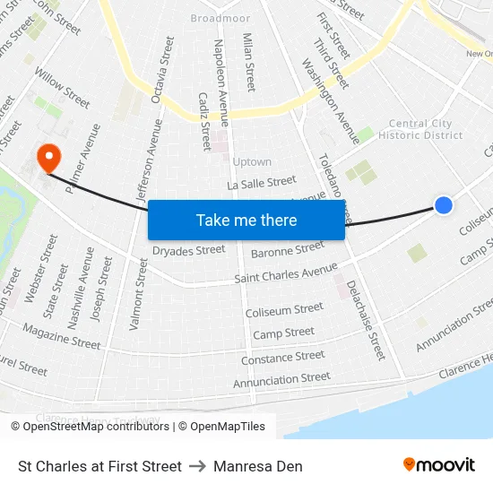 St Charles at First Street to Manresa Den map