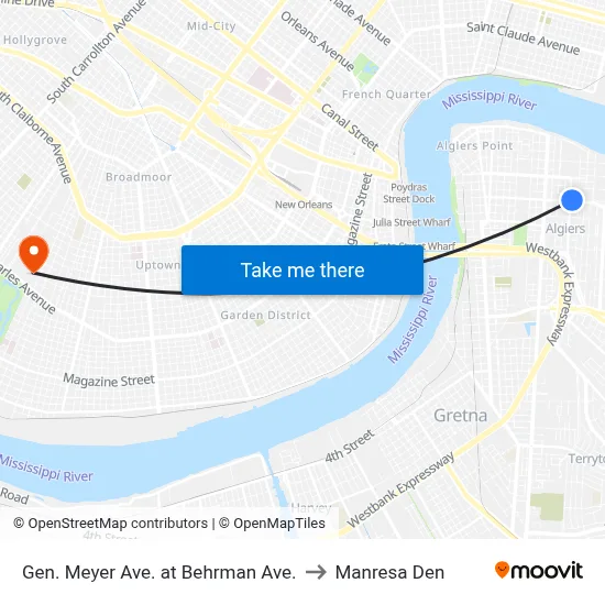 Gen. Meyer Ave. at Behrman Ave. to Manresa Den map