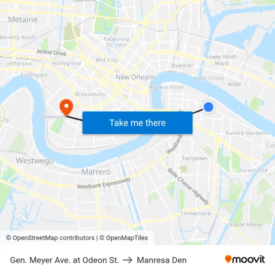Gen. Meyer Ave. at Odeon St. to Manresa Den map