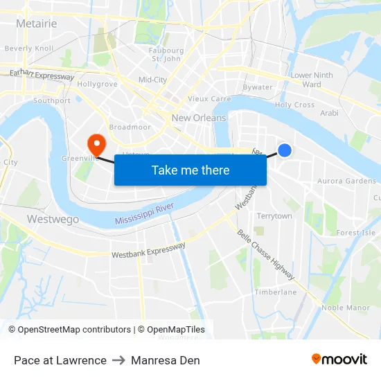 Pace at Lawrence to Manresa Den map