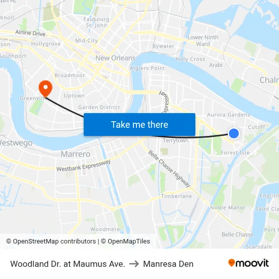 Woodland Dr. at Maumus Ave. to Manresa Den map