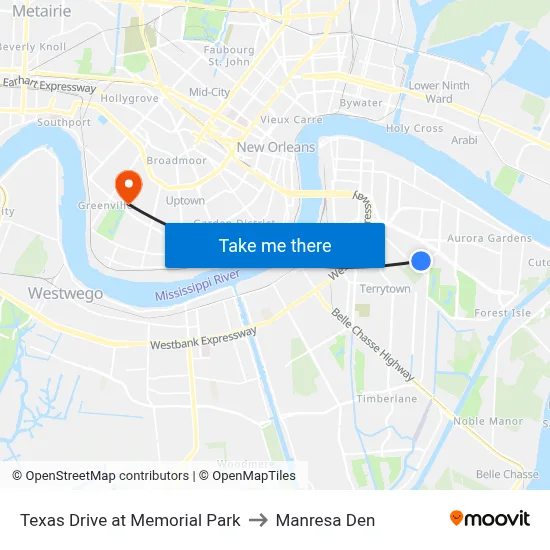 Texas Drive at Memorial Park to Manresa Den map