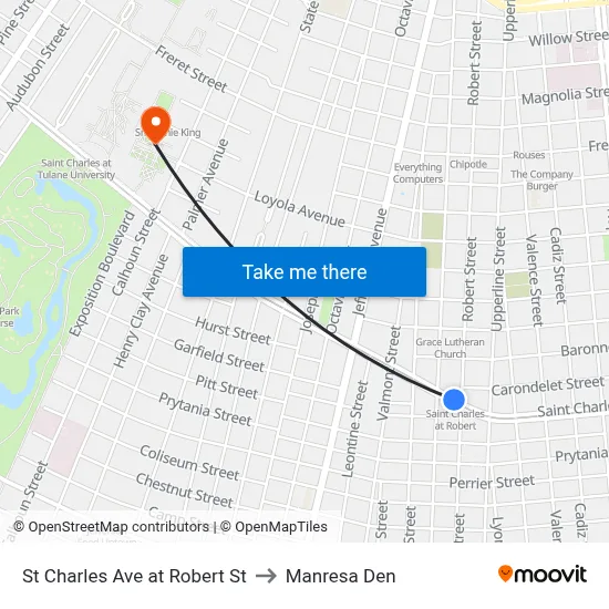 St Charles Ave at Robert St to Manresa Den map