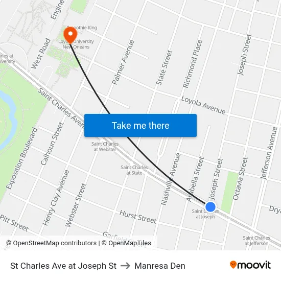 St Charles Ave at Joseph St to Manresa Den map