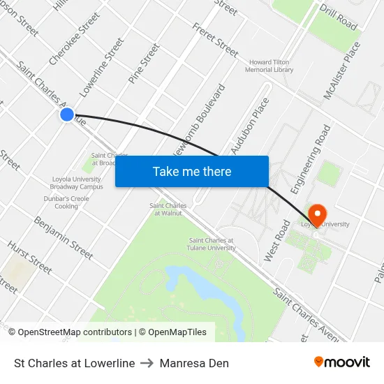 St Charles at Lowerline to Manresa Den map
