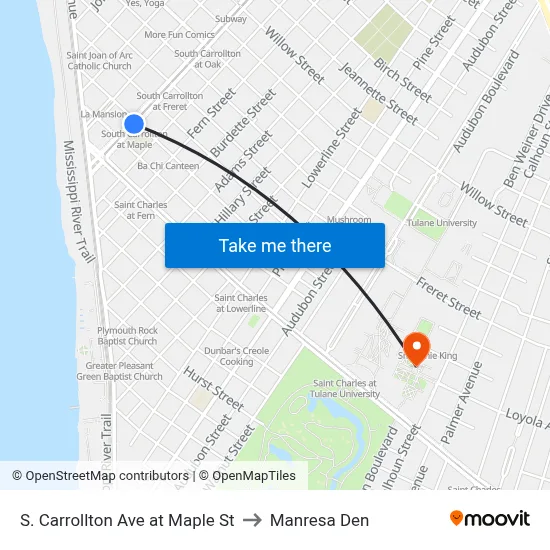 S. Carrollton Ave at Maple St to Manresa Den map