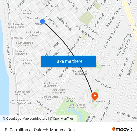 S. Carrollton at Oak to Manresa Den map