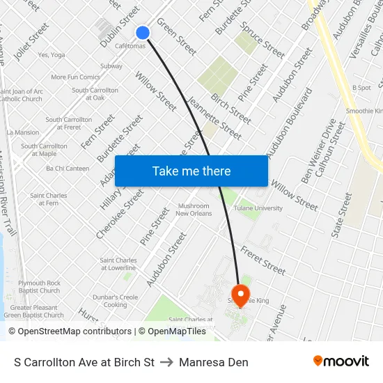 S Carrollton Ave at Birch St to Manresa Den map