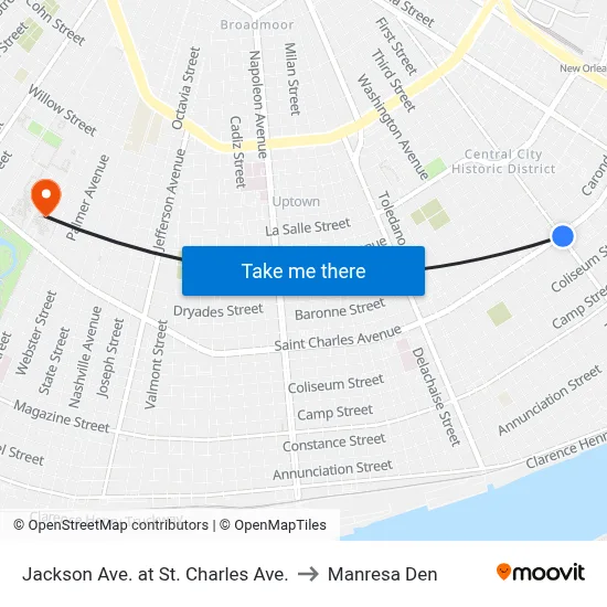 Jackson Ave. at St. Charles Ave. to Manresa Den map