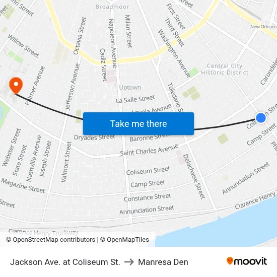Jackson Ave. at Coliseum St. to Manresa Den map