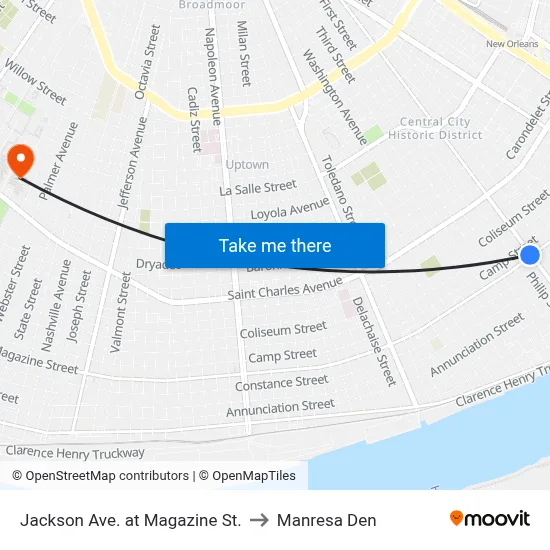 Jackson Ave. at Magazine St. to Manresa Den map