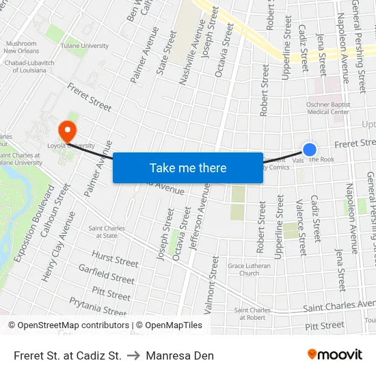 Freret St. at Cadiz St. to Manresa Den map