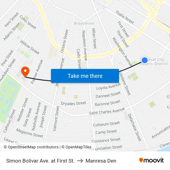 Simon Bolivar Ave. at First St. to Manresa Den map