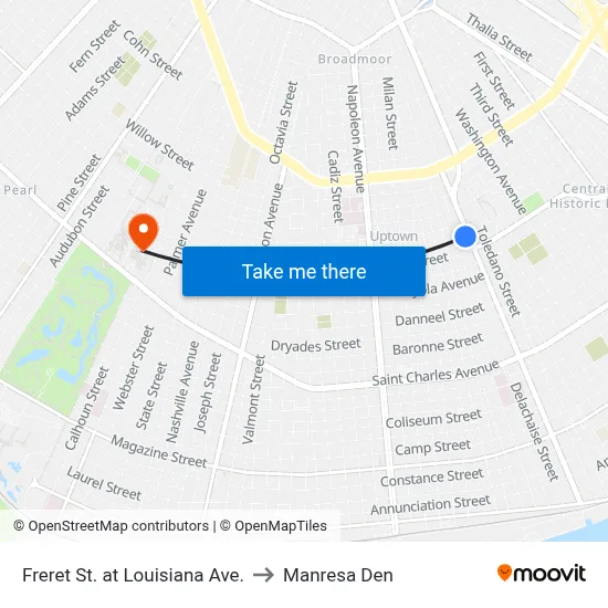 Freret St. at Louisiana Ave. to Manresa Den map