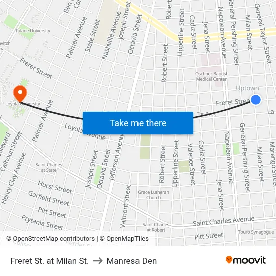 Freret St. at Milan St. to Manresa Den map