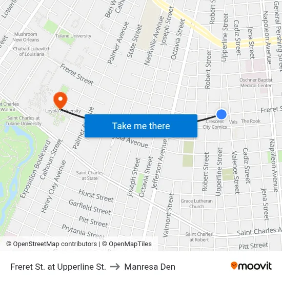 Freret St. at Upperline St. to Manresa Den map