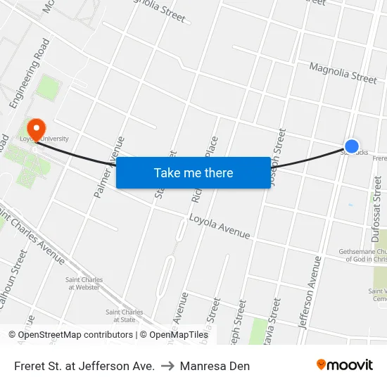 Freret St. at Jefferson Ave. to Manresa Den map