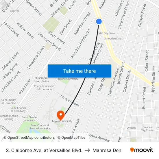 S. Claiborne Ave. at Versailles Blvd. to Manresa Den map