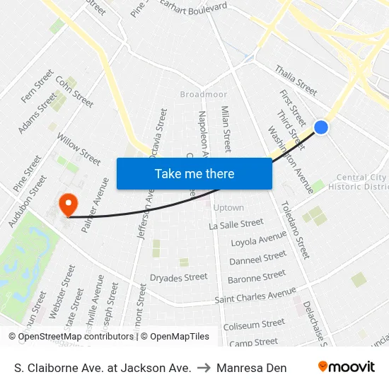 S. Claiborne Ave. at Jackson Ave. to Manresa Den map