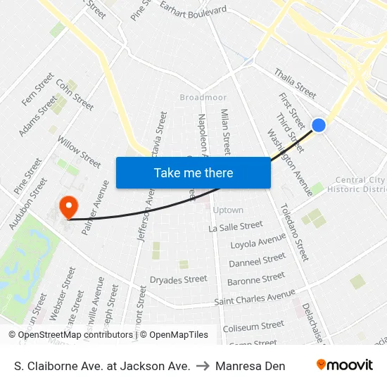 S. Claiborne Ave. at Jackson Ave. to Manresa Den map
