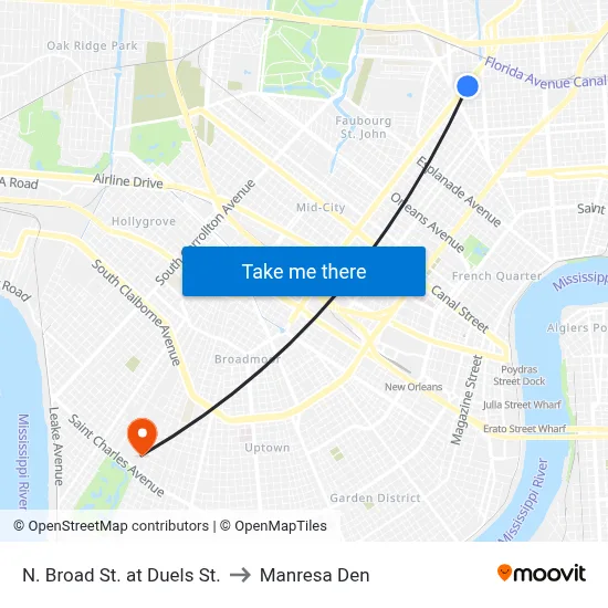N. Broad St. at Duels St. to Manresa Den map