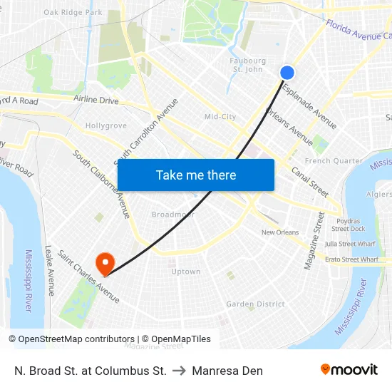 N. Broad St. at Columbus St. to Manresa Den map