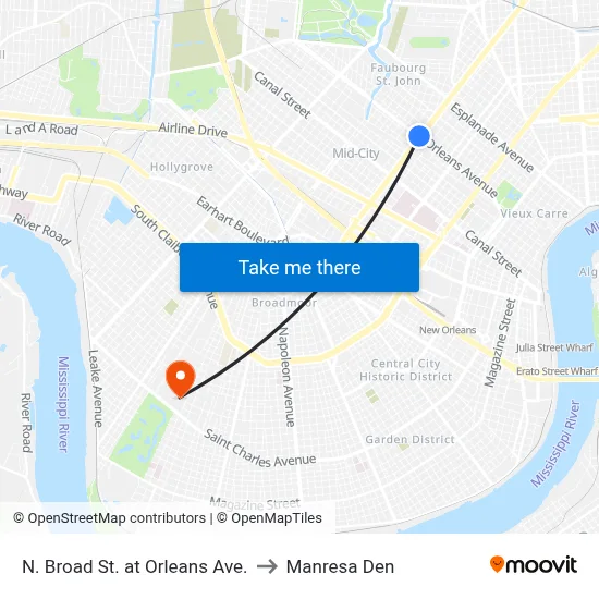 N. Broad St. at Orleans Ave. to Manresa Den map