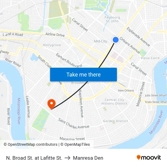 N. Broad St. at Lafitte St. to Manresa Den map