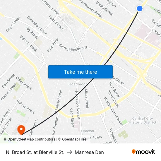 N. Broad St. at Bienville St. to Manresa Den map
