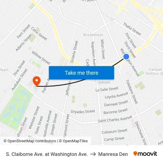 S. Claiborne Ave. at Washington Ave. to Manresa Den map