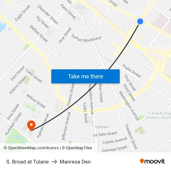 S. Broad at Tulane to Manresa Den map