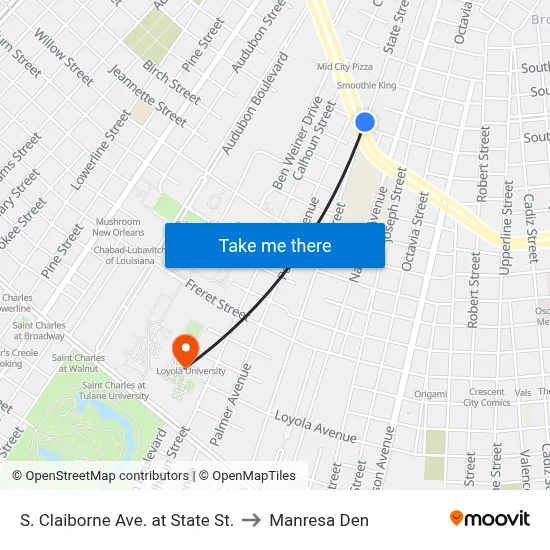 S. Claiborne Ave. at State St. to Manresa Den map