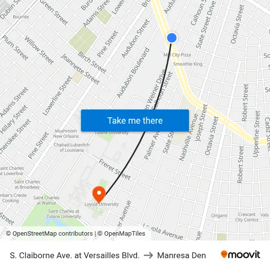 S. Claiborne Ave. at Versailles Blvd. to Manresa Den map